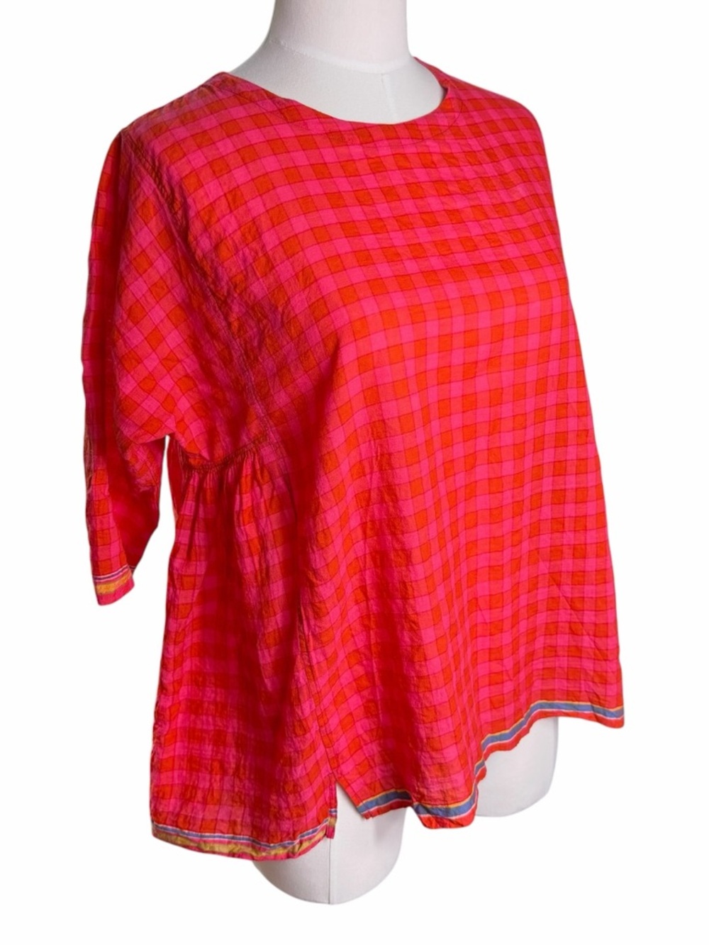 Injiri Rasa Red Pink Check Madras Cotton Button Back Tunic Top Blouse Sz Small